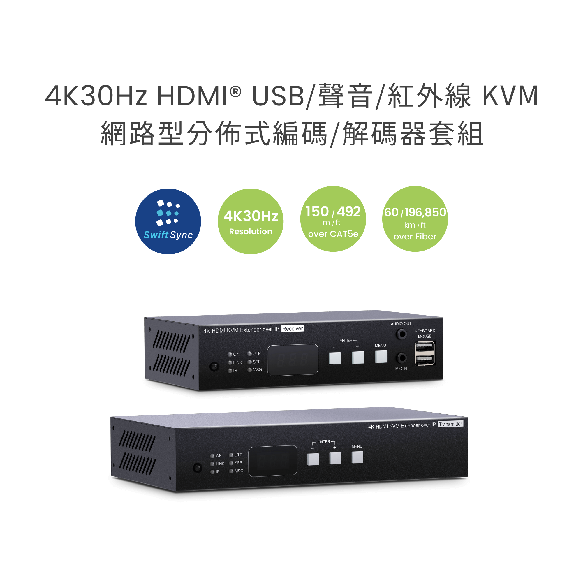4K30Hz HDMI over IP USB/聲音/紅外線 KVM PoE 網路型分佈式編碼/解碼器套組