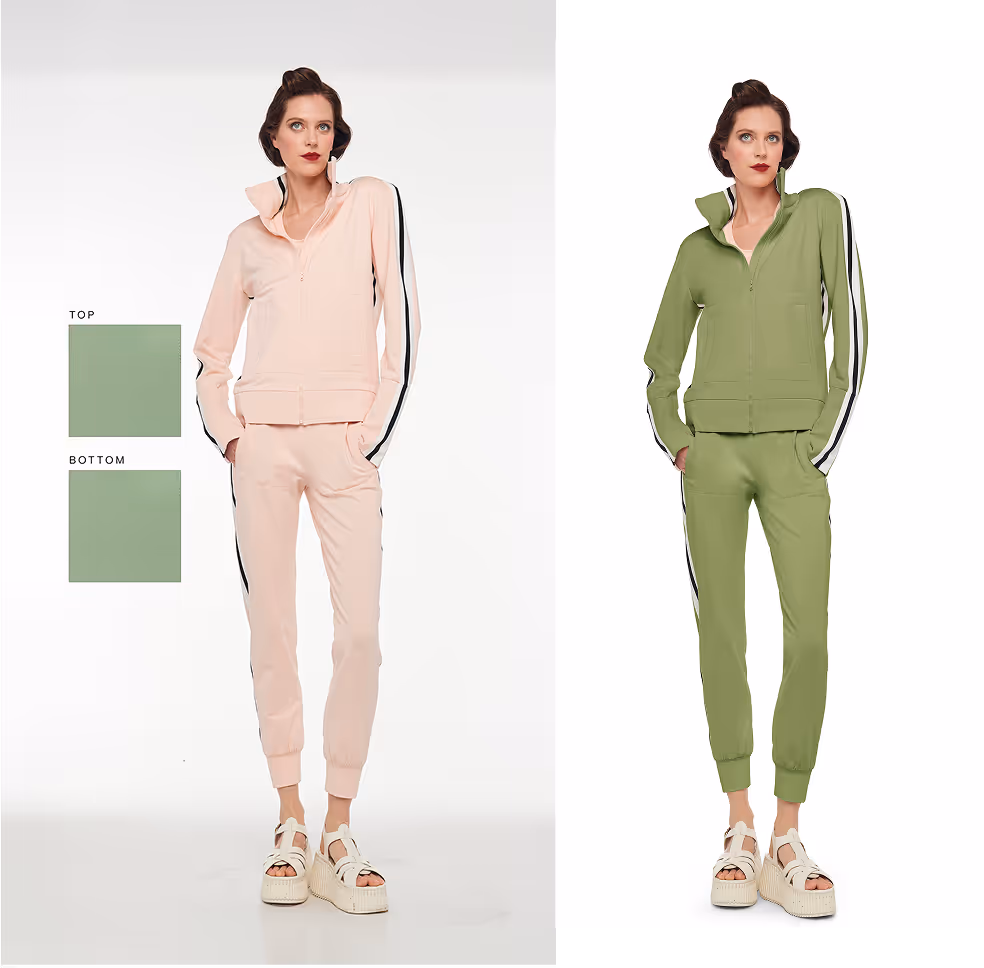 Two images of a woman modeling a sporty zip-up jacket and jogger pants outfit with side stripes, shown in pastel pink and olive green.