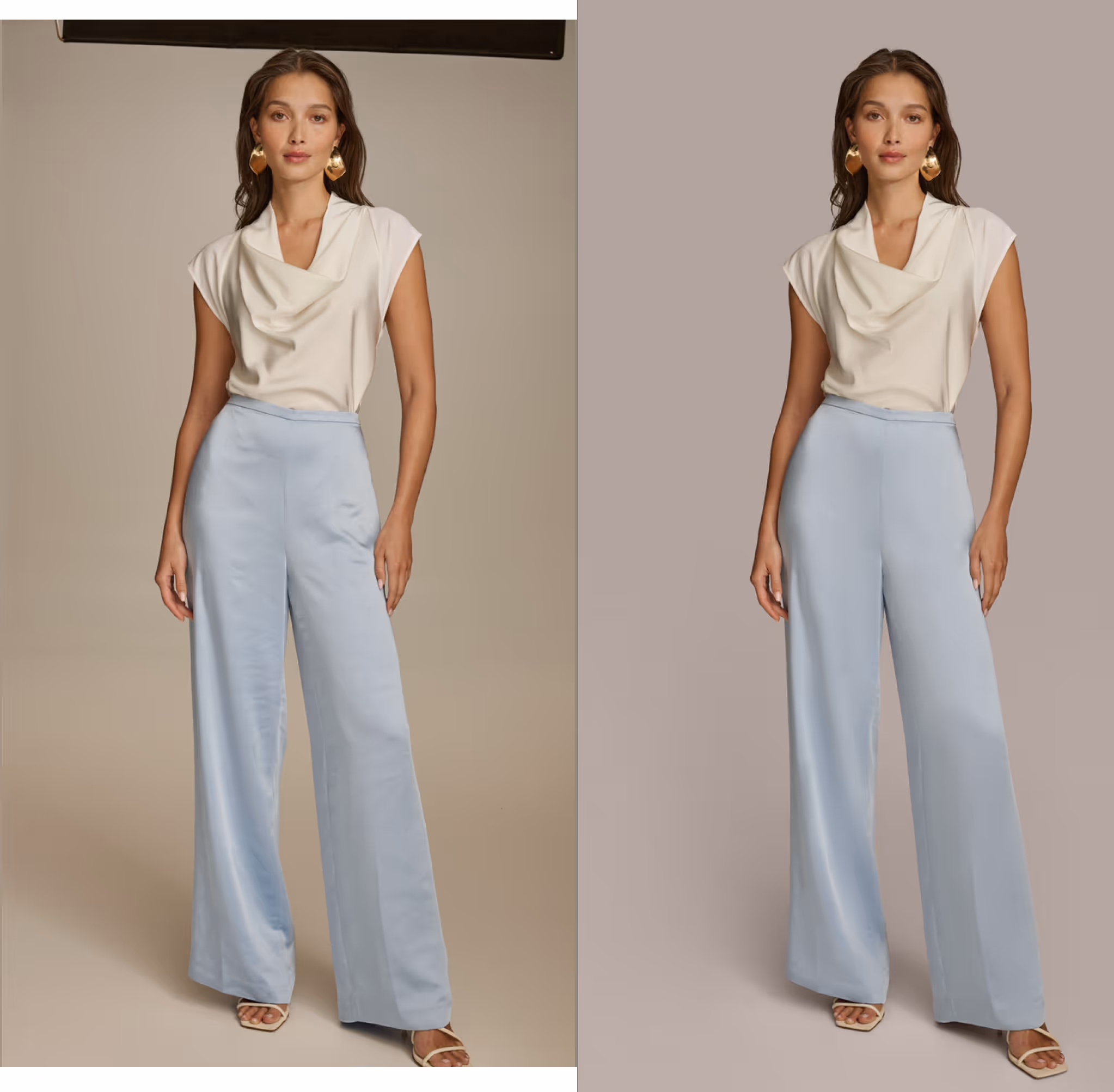 Woman wearing a white draped blouse and light blue wide-leg pants with gold earrings and beige sandals, shown against two neutral-tone backgrounds.