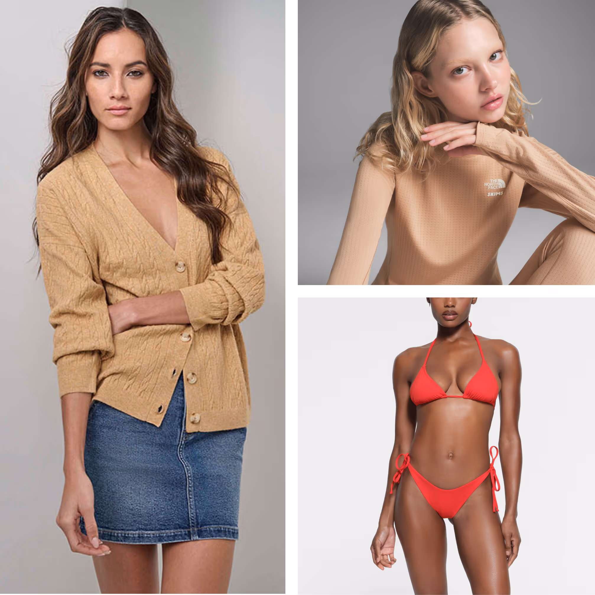 Three women modeling clothes: left woman in a tan cable knit cardigan and denim skirt, top right woman in a beige long-sleeve top, bottom right woman in a red bikini.