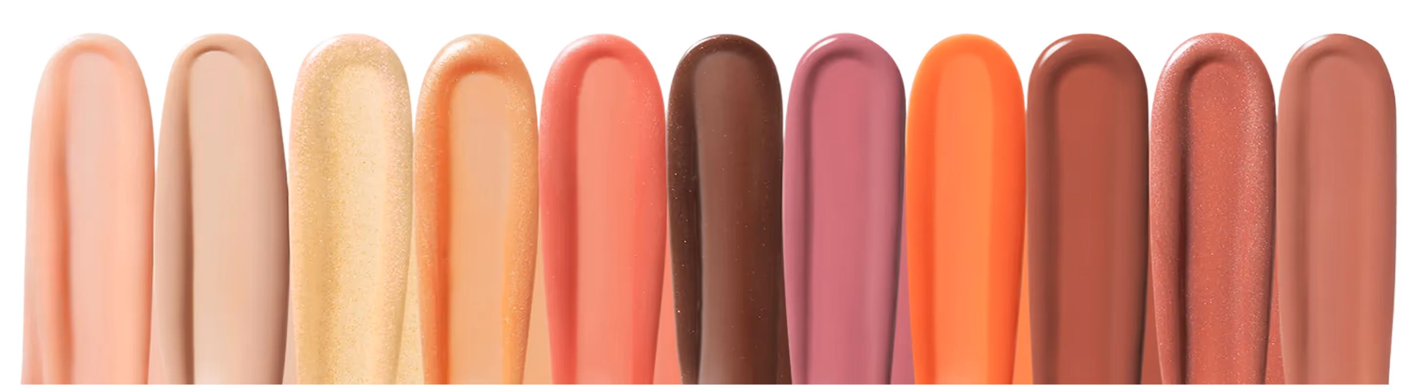Swatches of various creamy lipstick shades ranging from pale peach to dark brown and muted pinks.
