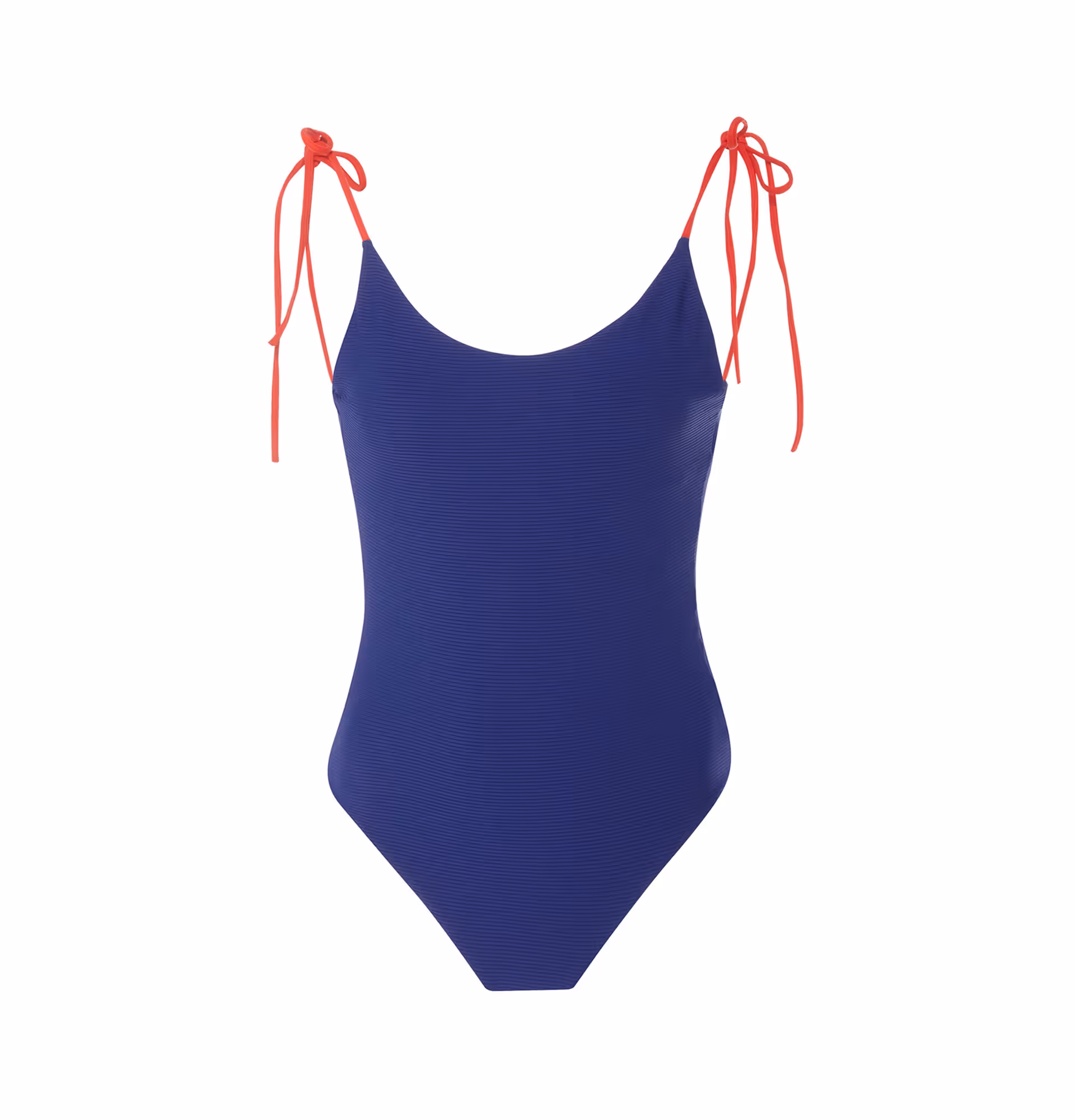 Navy blue one-piece swimsuit with adjustable red tie straps on a white background.