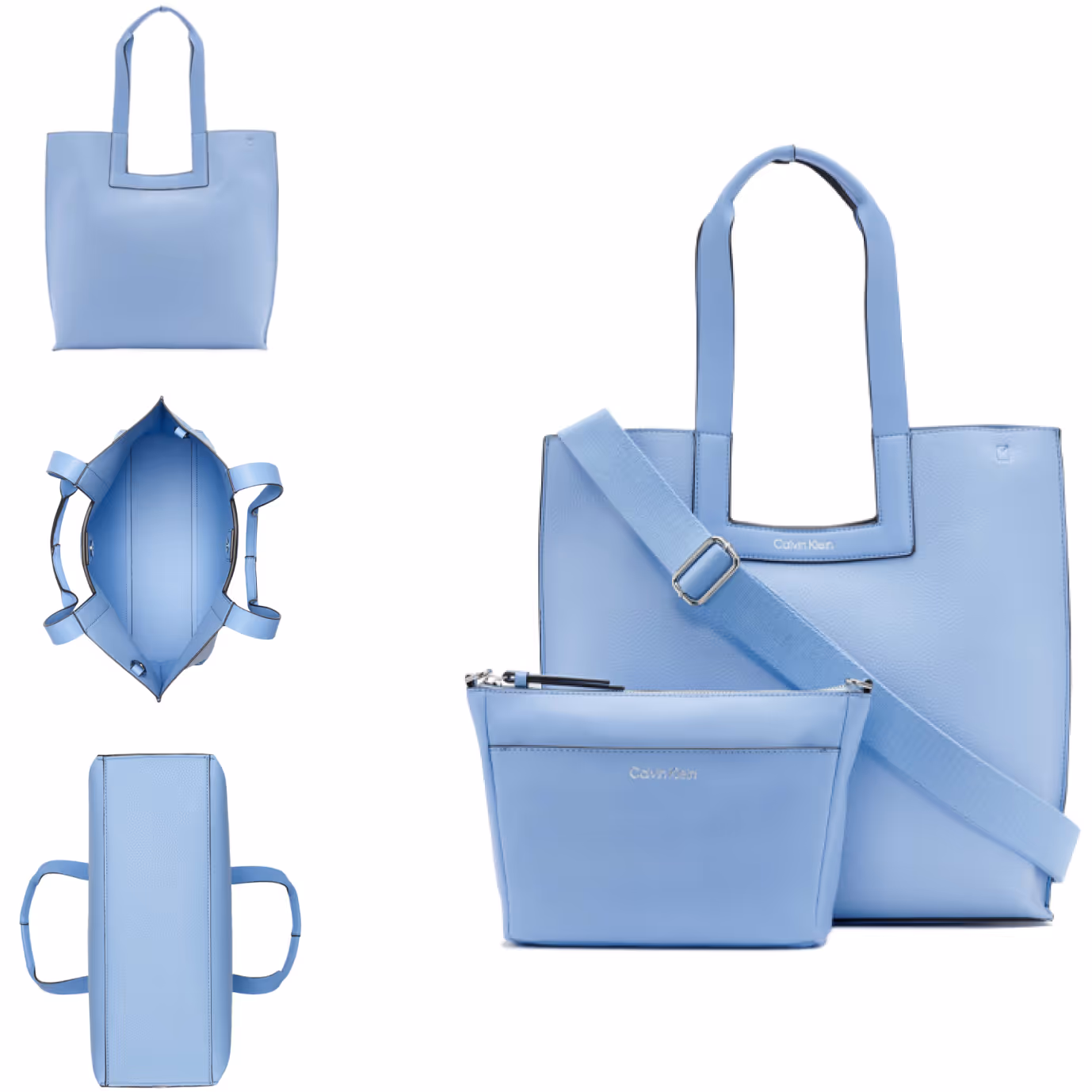 Light blue Calvin Klein tote bag with matching small pouch, shown from different angles including front, top, and side views.