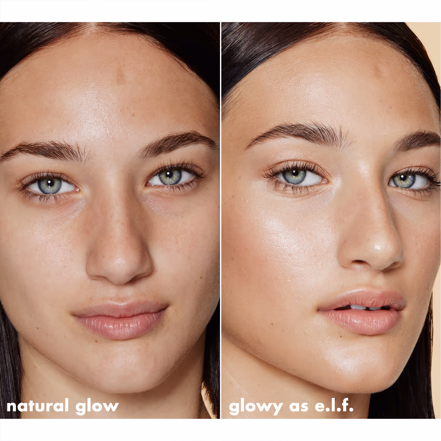 Side-by-side close-up of a woman's face showing 'natural glow' makeup on the left and 'glowy as e.l.f.' makeup on the right enhancing her skin's radiance.