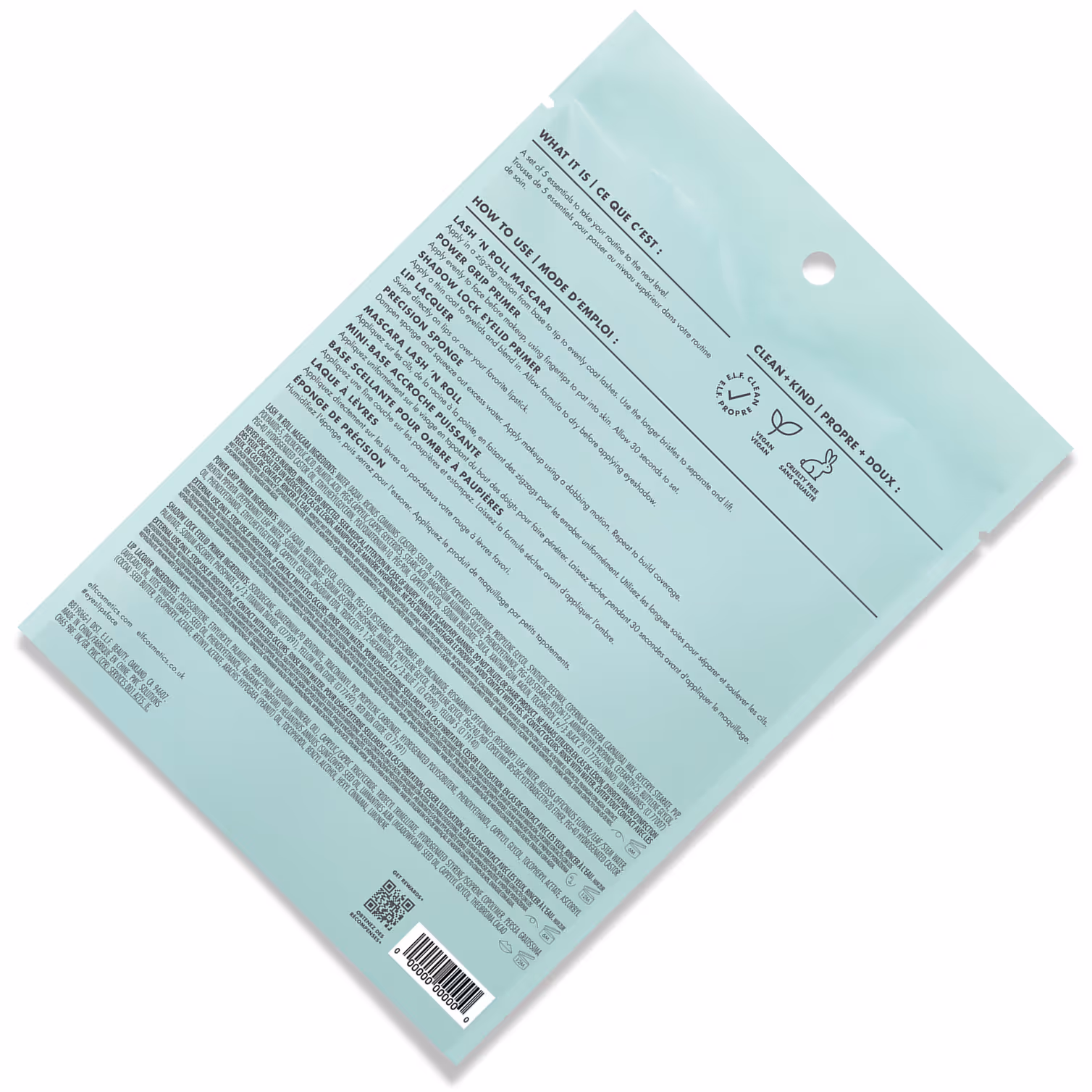 Back of light blue cosmetic product packaging with detailed usage instructions, ingredients list, and clean, kind icons including vegan and cruelty-free symbols.