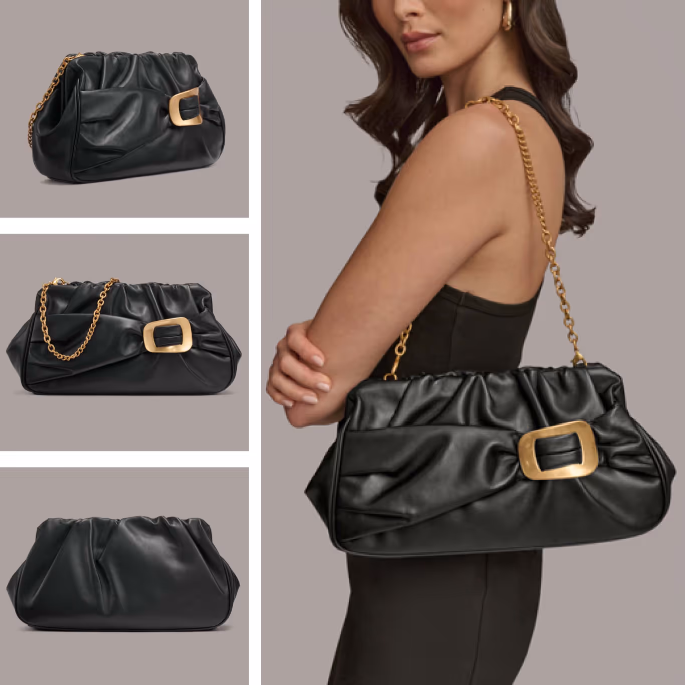 Collage of a black leather handbag with gold buckle and chain strap shown from front, back, and worn by a woman in a black dress.