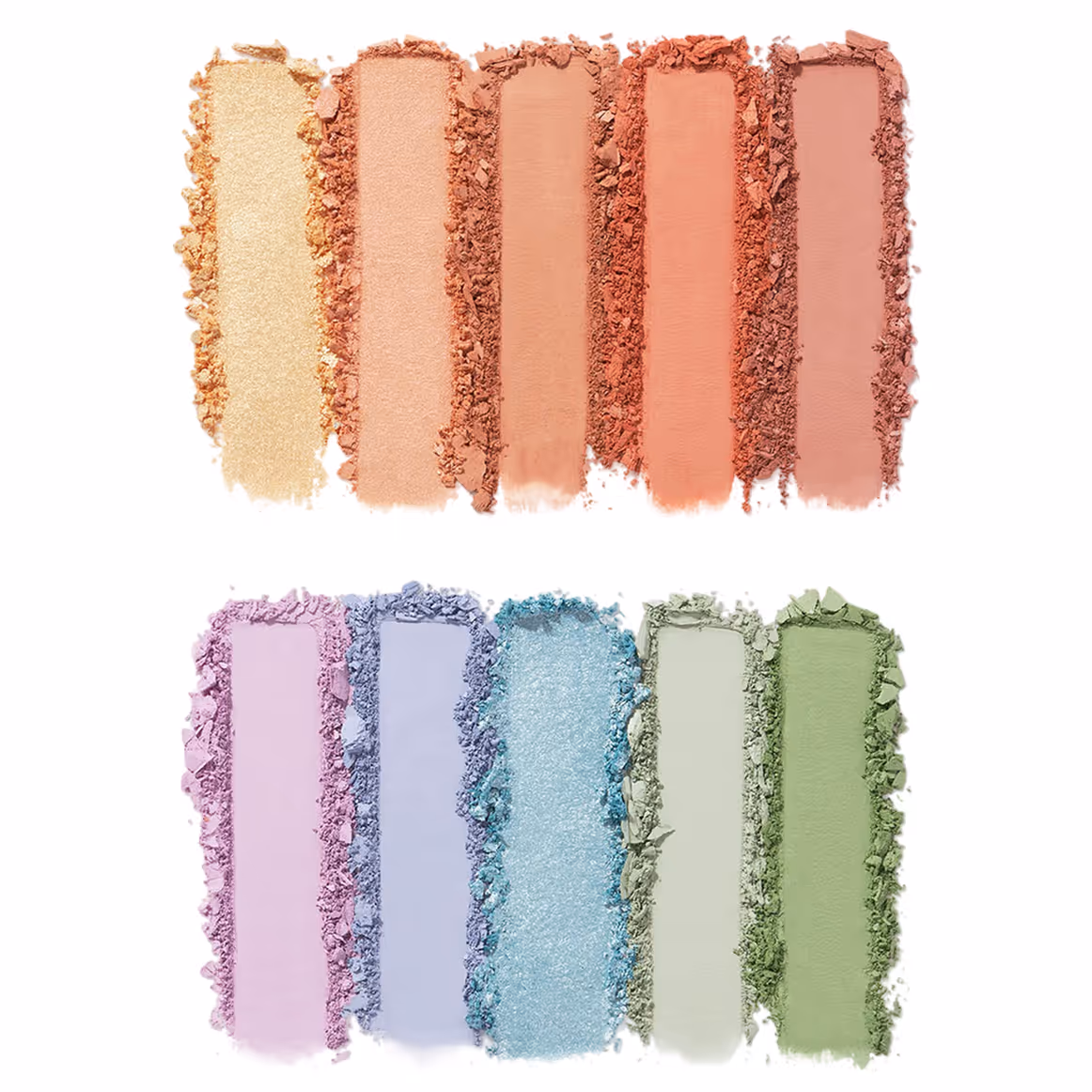 Ten vertical swatches of crushed eyeshadow in warm neutral tones on top and cool pastel shades on the bottom, arranged in two rows.
