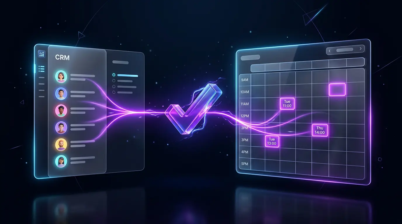 Digital illustration of a CRM user list connected to a calendar with a glowing checkmark symbolizing task completion or synchronization.