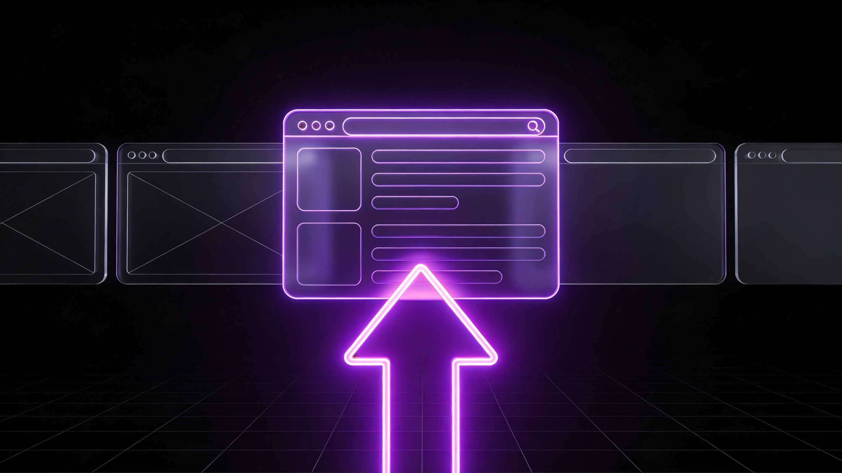 Glowing purple neon arrow pointing at a translucent browser window icon among multiple browser windows on a dark grid background.
