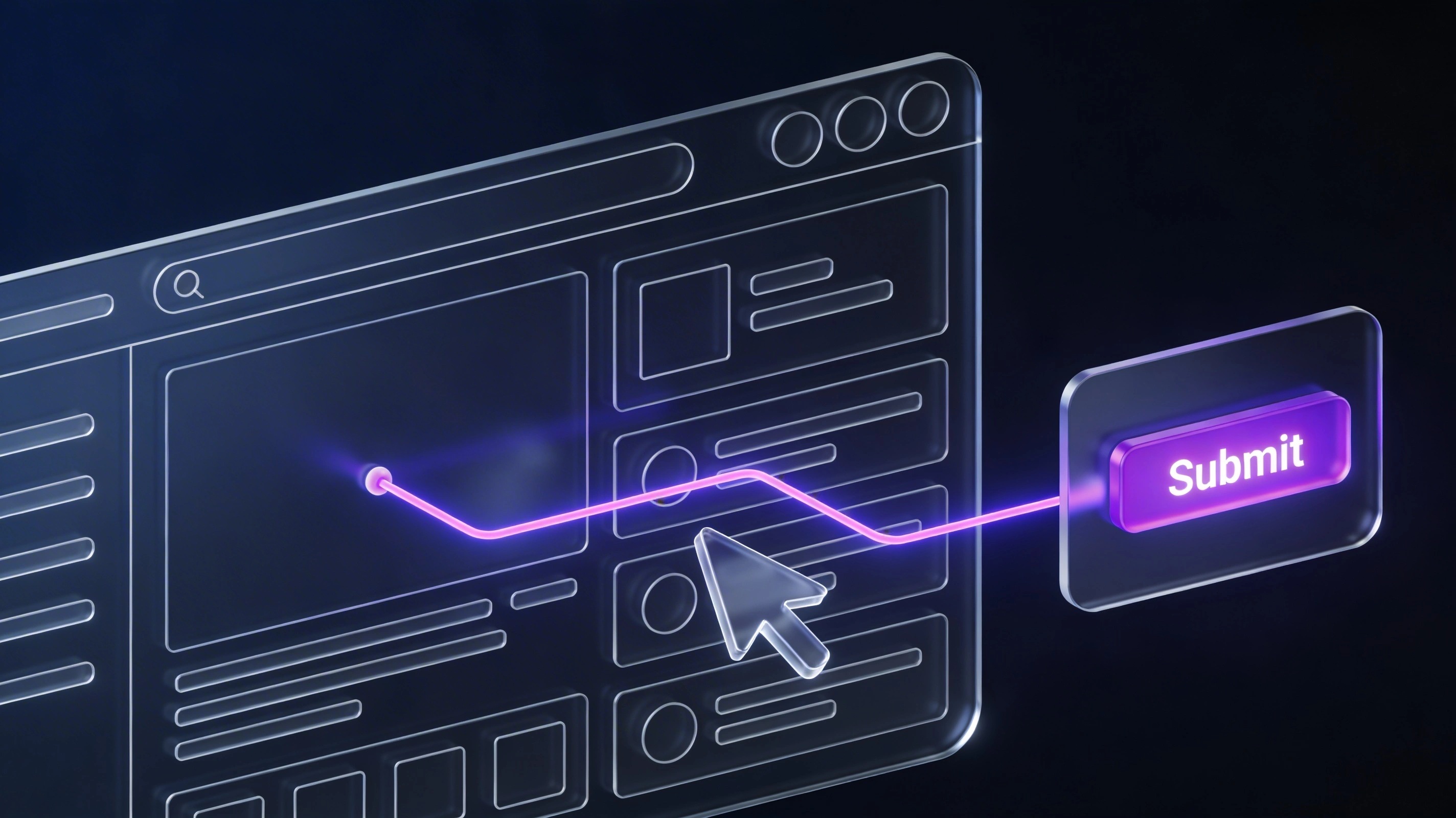 Digital cursor clicking on a translucent interface connected by a glowing purple line to a glowing Submit button.