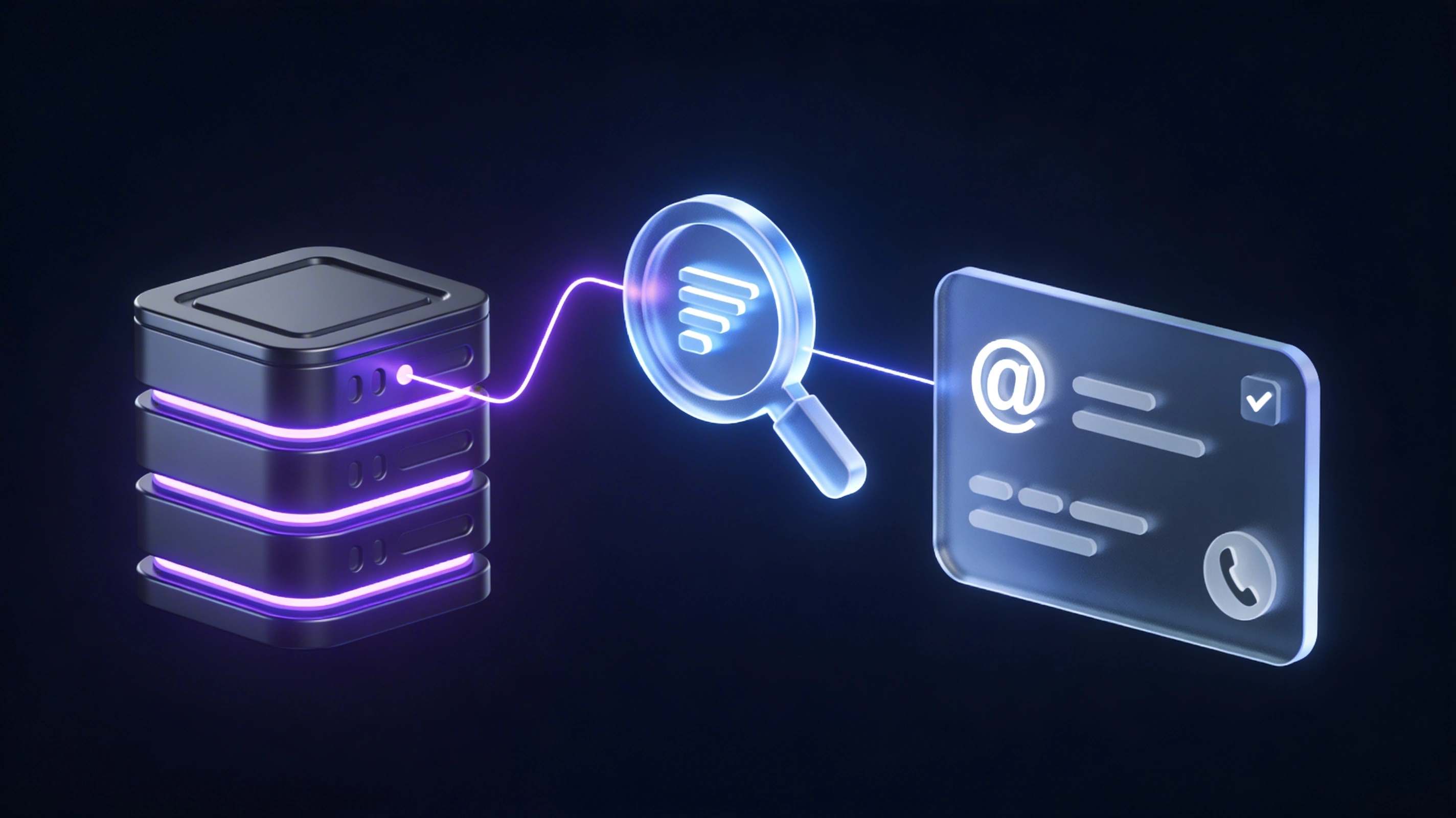 3D illustration of stacked servers connected by a glowing purple line to a magnifying glass icon and a digital contact card showing email and phone icons.