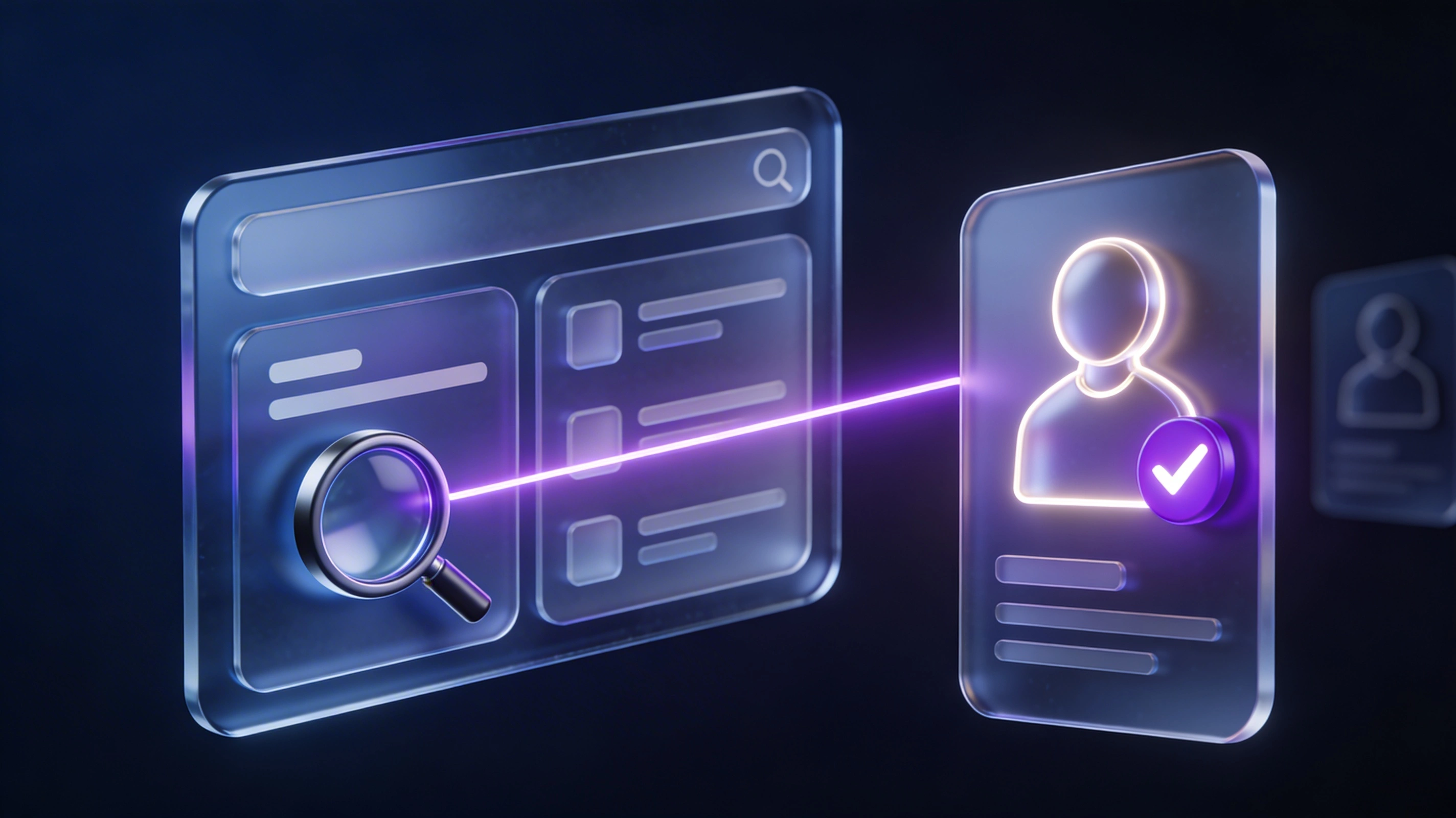 3D illustration of a transparent search interface connected by a glowing line to a user profile card with a checkmark badge.