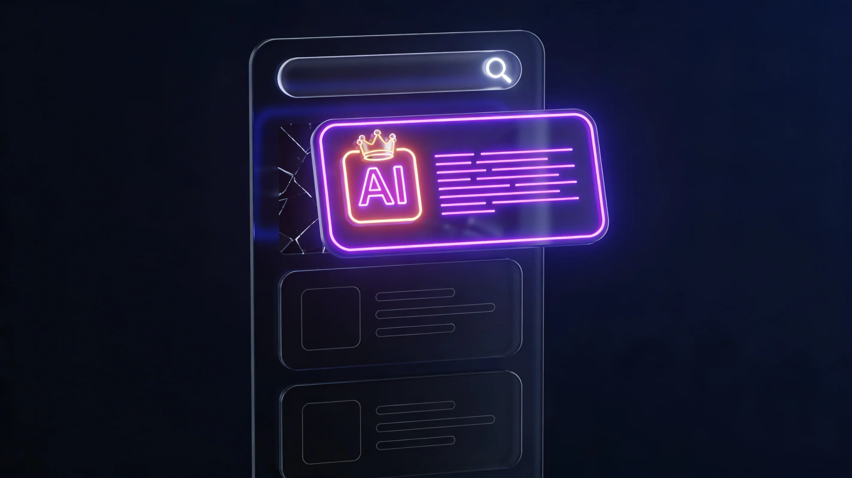 Neon-styled digital interface with a search bar and a glowing purple and orange AI text box featuring a crown icon.