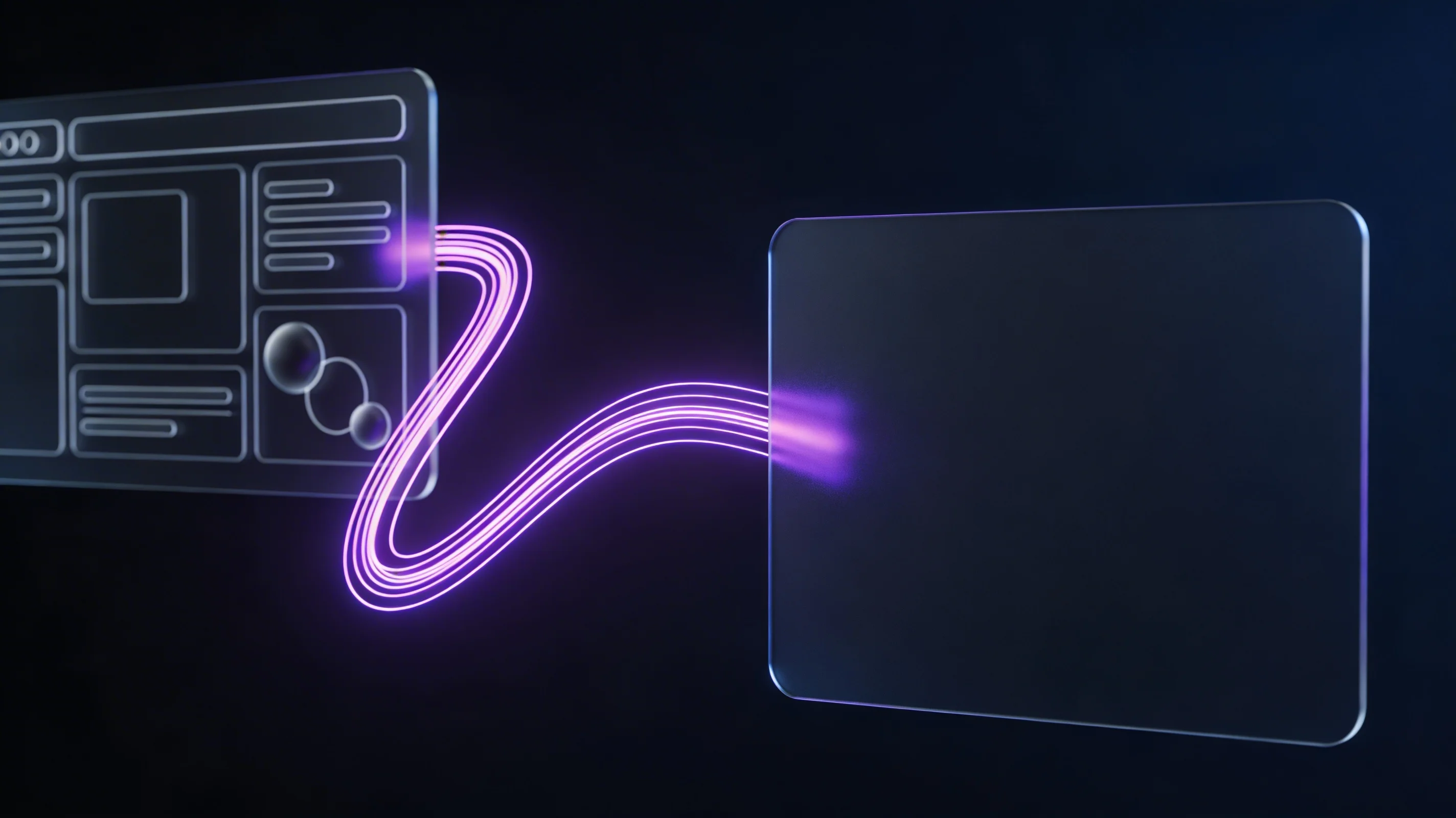 Glowing purple lines connect a schematic interface on the left to an empty rounded rectangle on the right against a dark background.