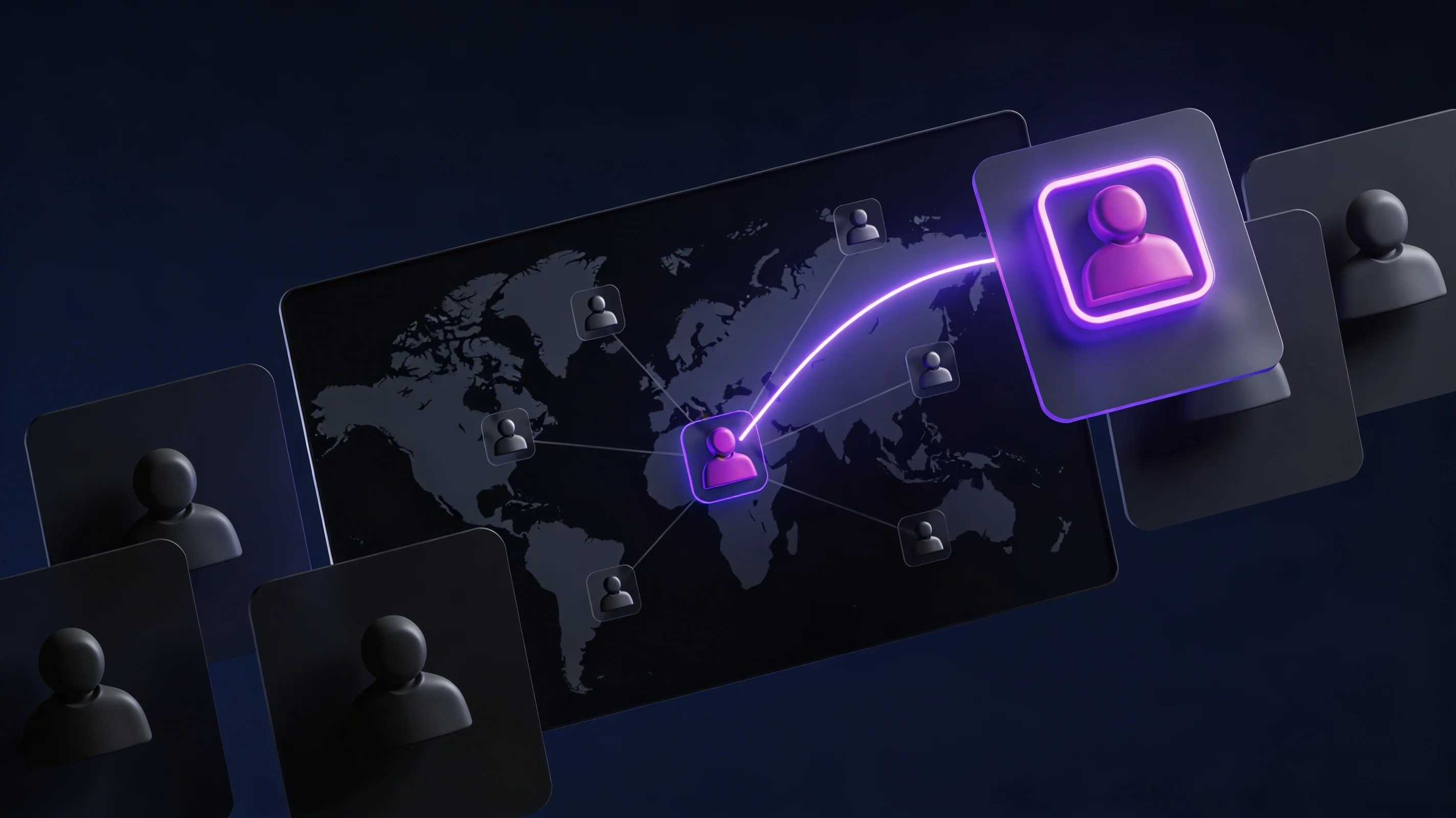 Digital world map with connected user icons, highlighting one user icon linked with a glowing purple line to another larger icon.