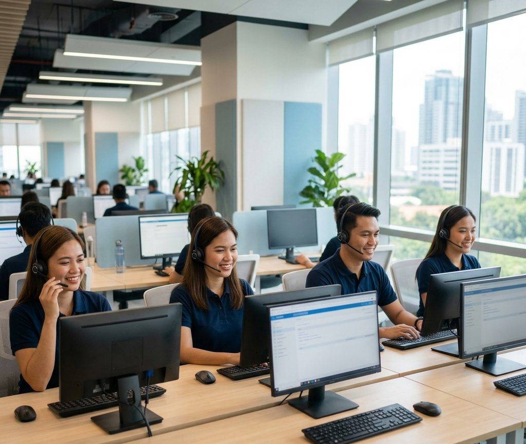 Professional call center team with headsets working at modern workstations in a bright open-plan office.