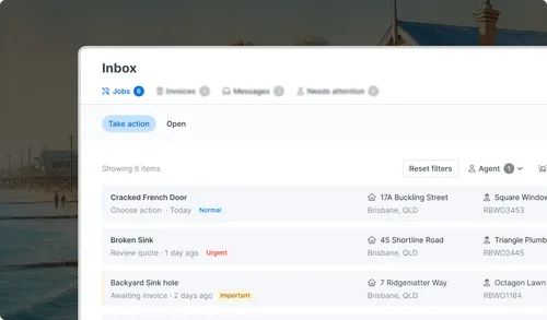 Tapi Inbox dashboard showing maintenance requests moving through stages with clear status updates.