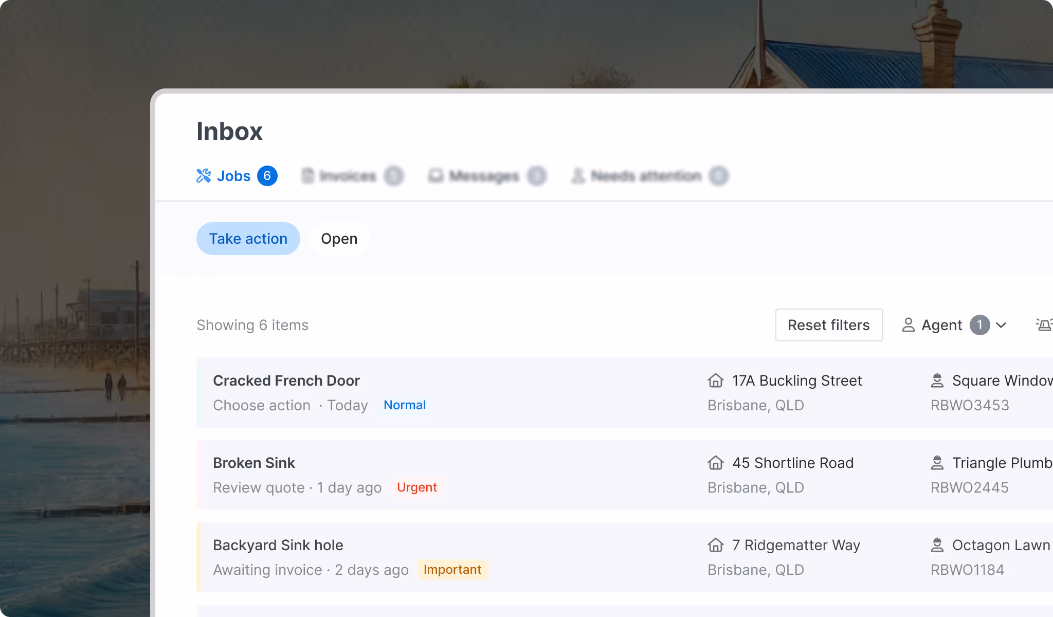 Tapi Inbox dashboard showing maintenance requests moving through stages with clear status updates.