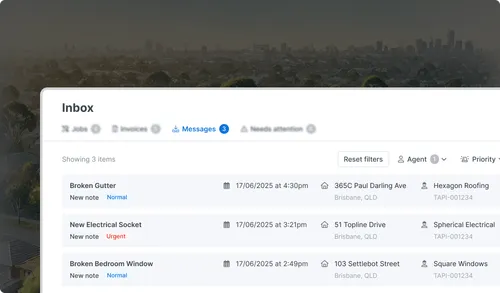 Inbox screen turning tenant messages into actionable maintenance jobs in Tapi.