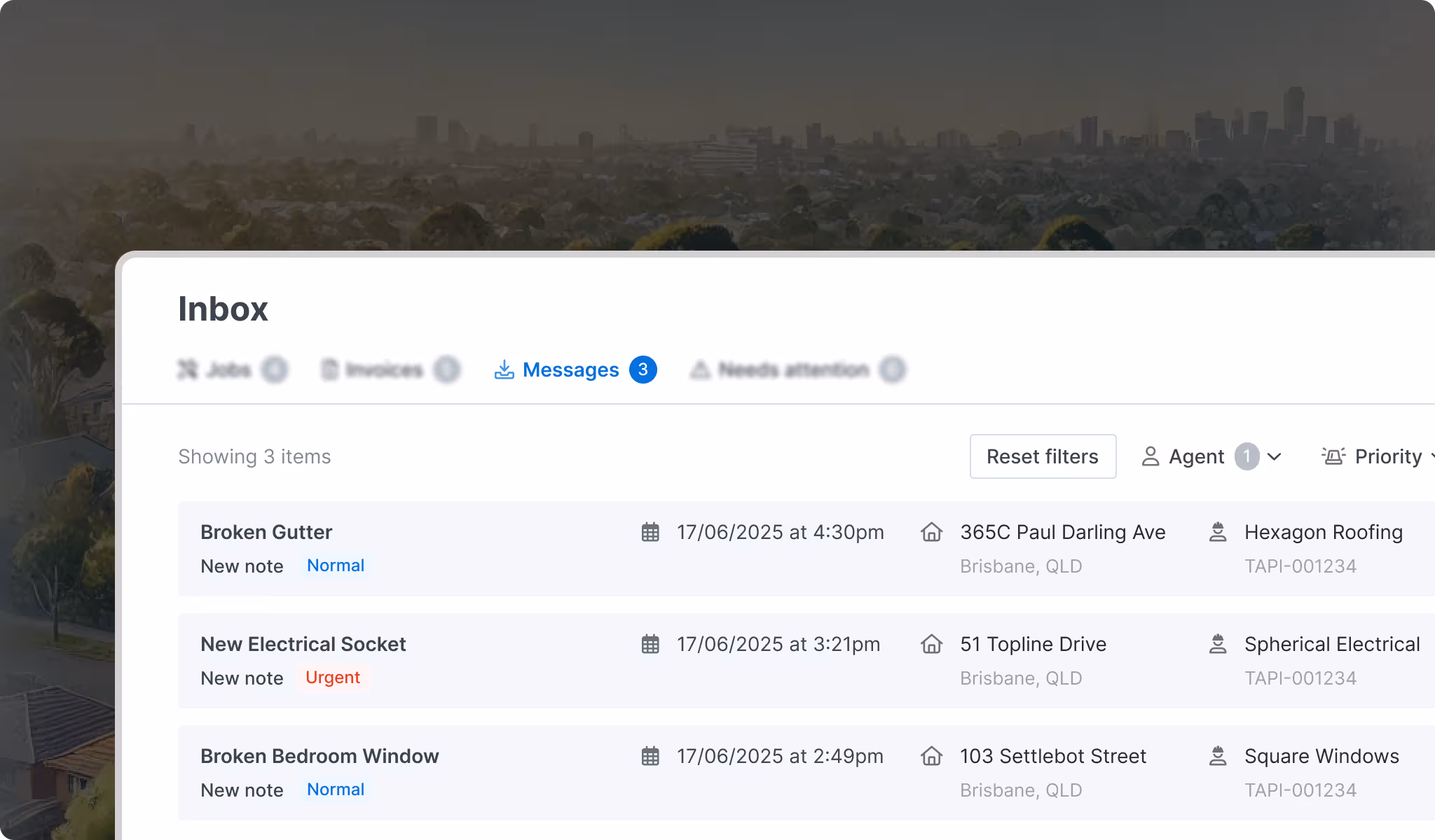 Inbox screen turning tenant messages into actionable maintenance jobs in Tapi.