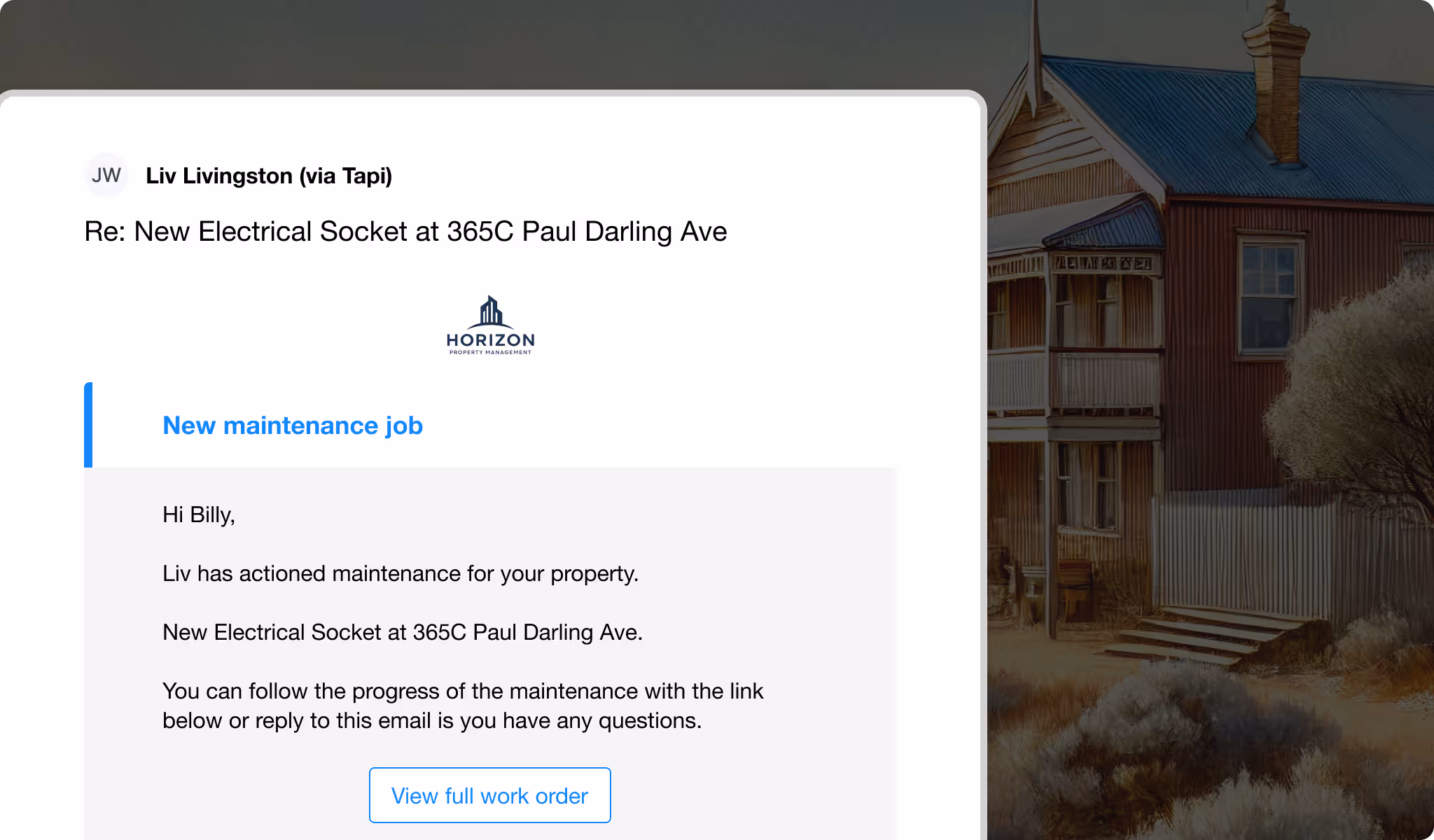 Email notification from Horizon Property Management via Tapi showing a new maintenance job for a tenant, with details of an electrical socket repair and a link to view the full work order.