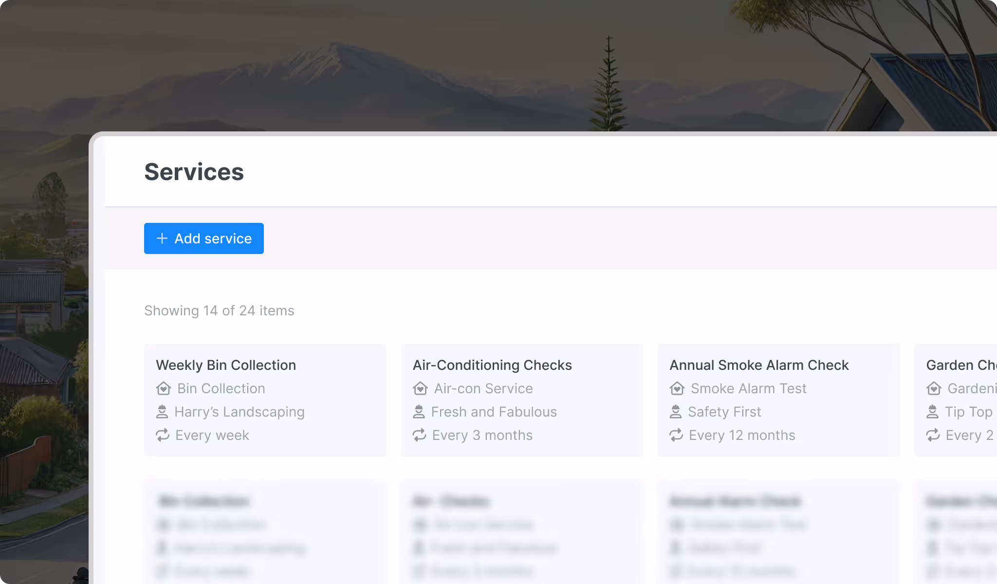 Tapi Service screen showing recurring maintenance tasks automated for property managers.
