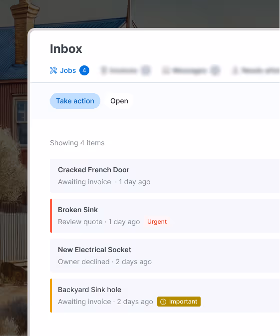 Tapi Inbox view showing a property manager’s task list with jobs like cracked French door, broken sink marked urgent, new electrical socket, and backyard sink hole marked important — helping managers stay in control with less stress.