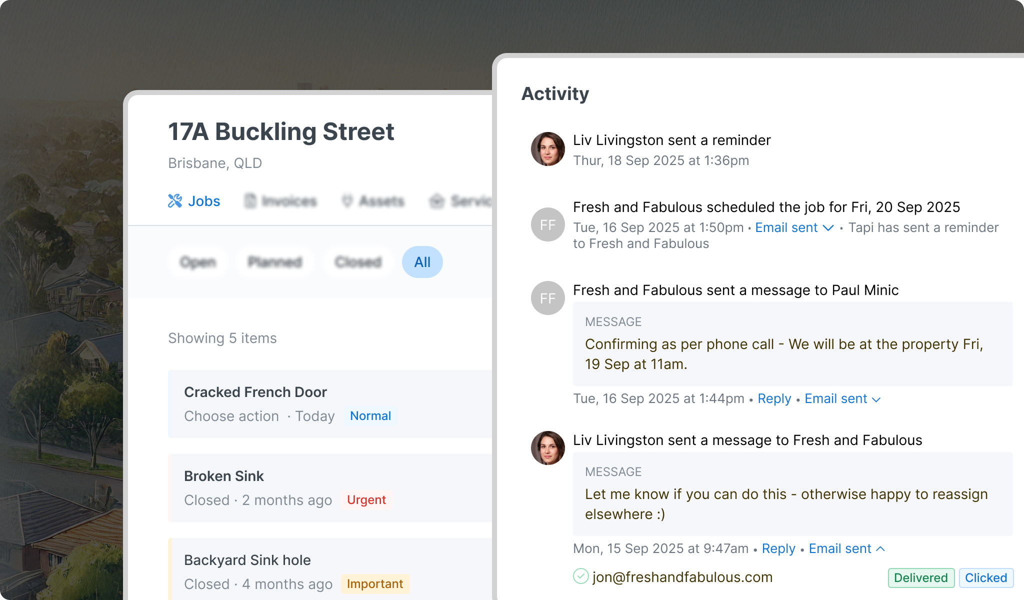 Tapi Maintain feature showing complete job history with detailed timelines.