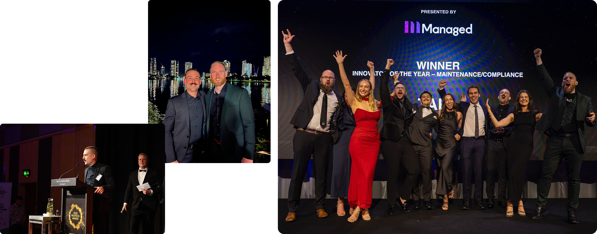 Tapi team at industry events — speaking on stage at the Proptech Awards, networking at a waterfront evening, and celebrating with a group photo in ‘We ♥ Property Managers’ shirts at a trade show booth.
