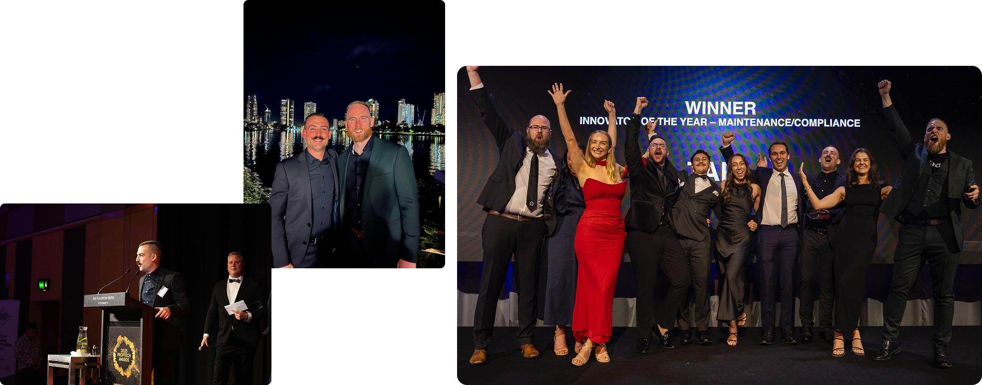 Tapi team at industry events — speaking on stage at the Proptech Awards, networking at a waterfront evening, and celebrating with a group photo in ‘We ♥ Property Managers’ shirts at a trade show booth.