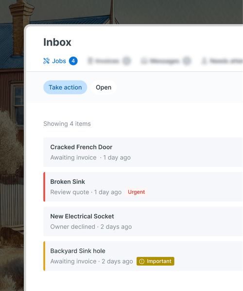 Tapi Inbox view showing a property manager’s task list with jobs like cracked French door, broken sink marked urgent, new electrical socket, and backyard sink hole marked important — helping managers stay in control with less stress.