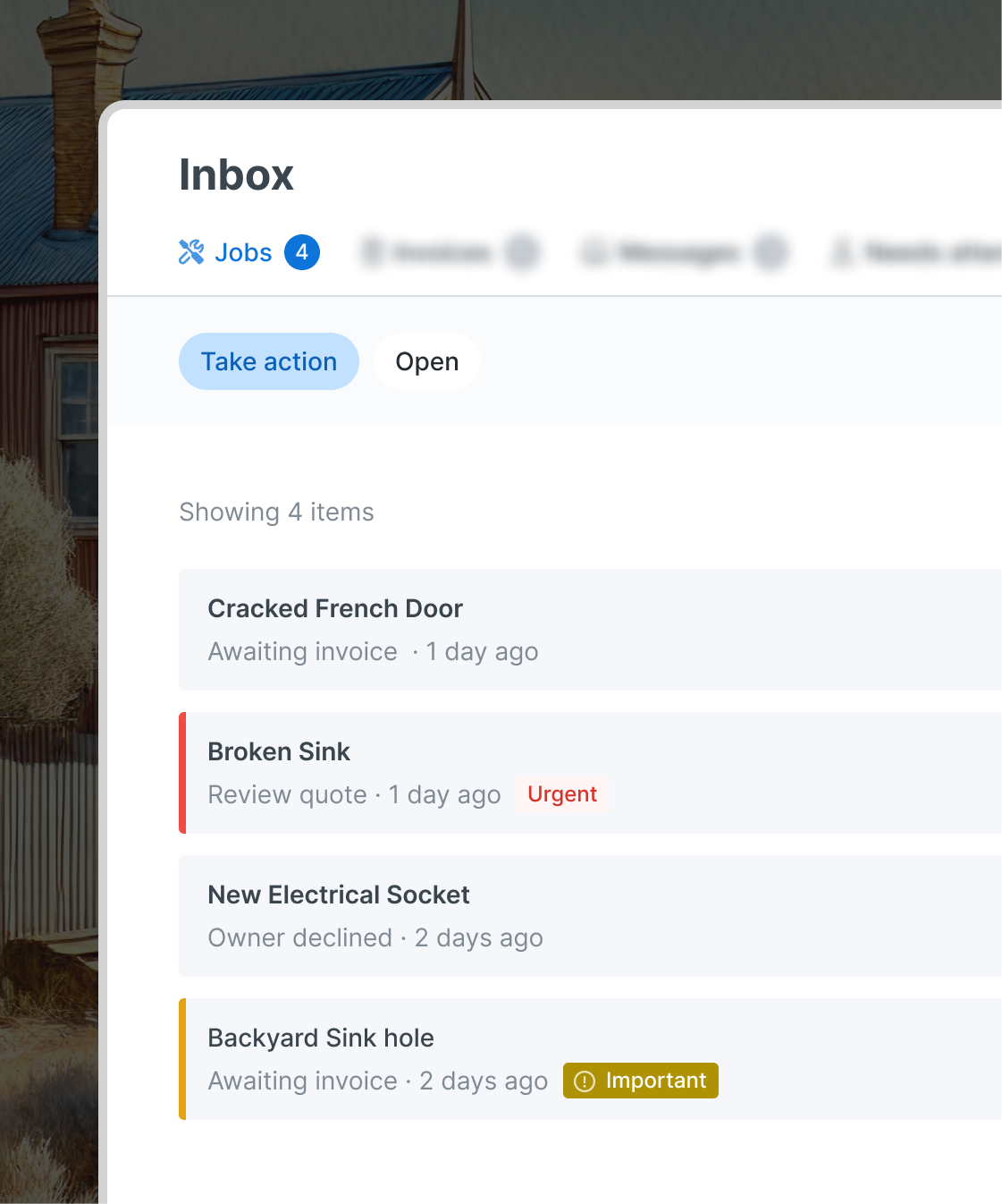 Tapi Inbox view showing a property manager’s task list with jobs like cracked French door, broken sink marked urgent, new electrical socket, and backyard sink hole marked important — helping managers stay in control with less stress.