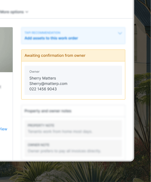 Tapi work order screen showing an ‘Awaiting confirmation from owner’ notice with landlord contact details — keeping landlords updated with clear communication and dependable property care.