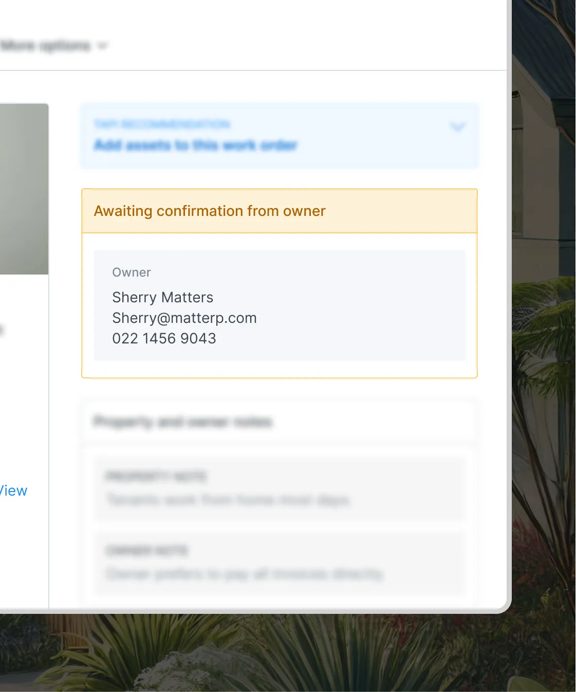 Tapi work order screen showing an ‘Awaiting confirmation from owner’ notice with landlord contact details — keeping landlords updated with clear communication and dependable property care.