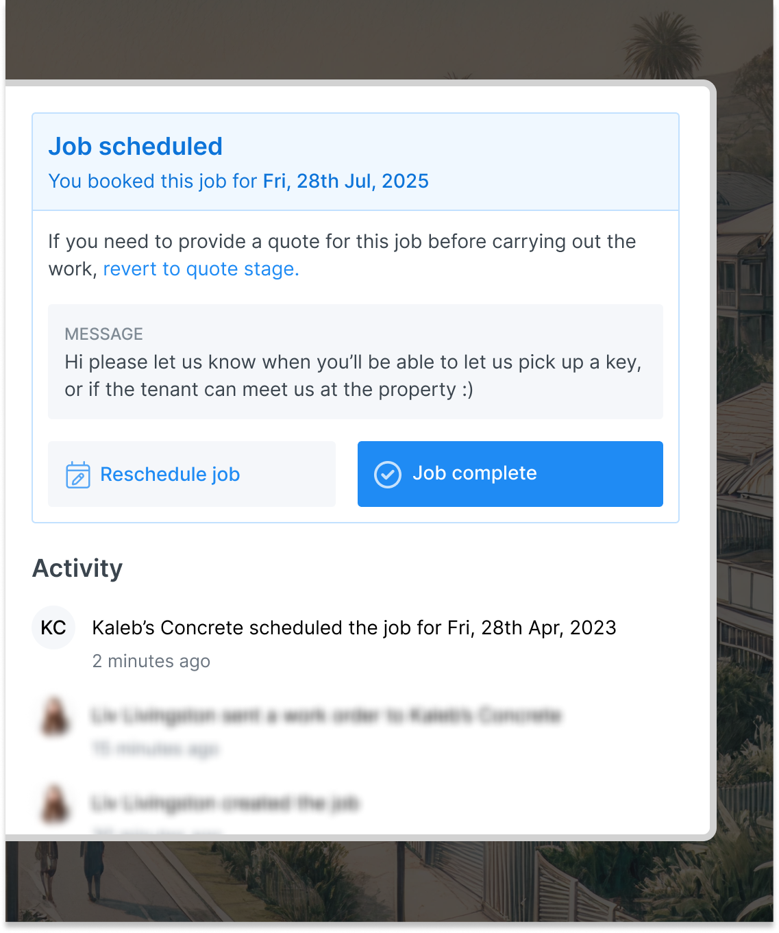 Tapi job screen showing a scheduled concrete repair with clear details, messaging, and easy options to reschedule or mark complete — giving tradies the clarity and tools to do their best work.