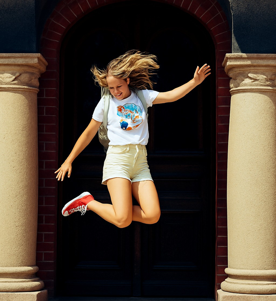 Une jeune femme / étudiante saute de joie
