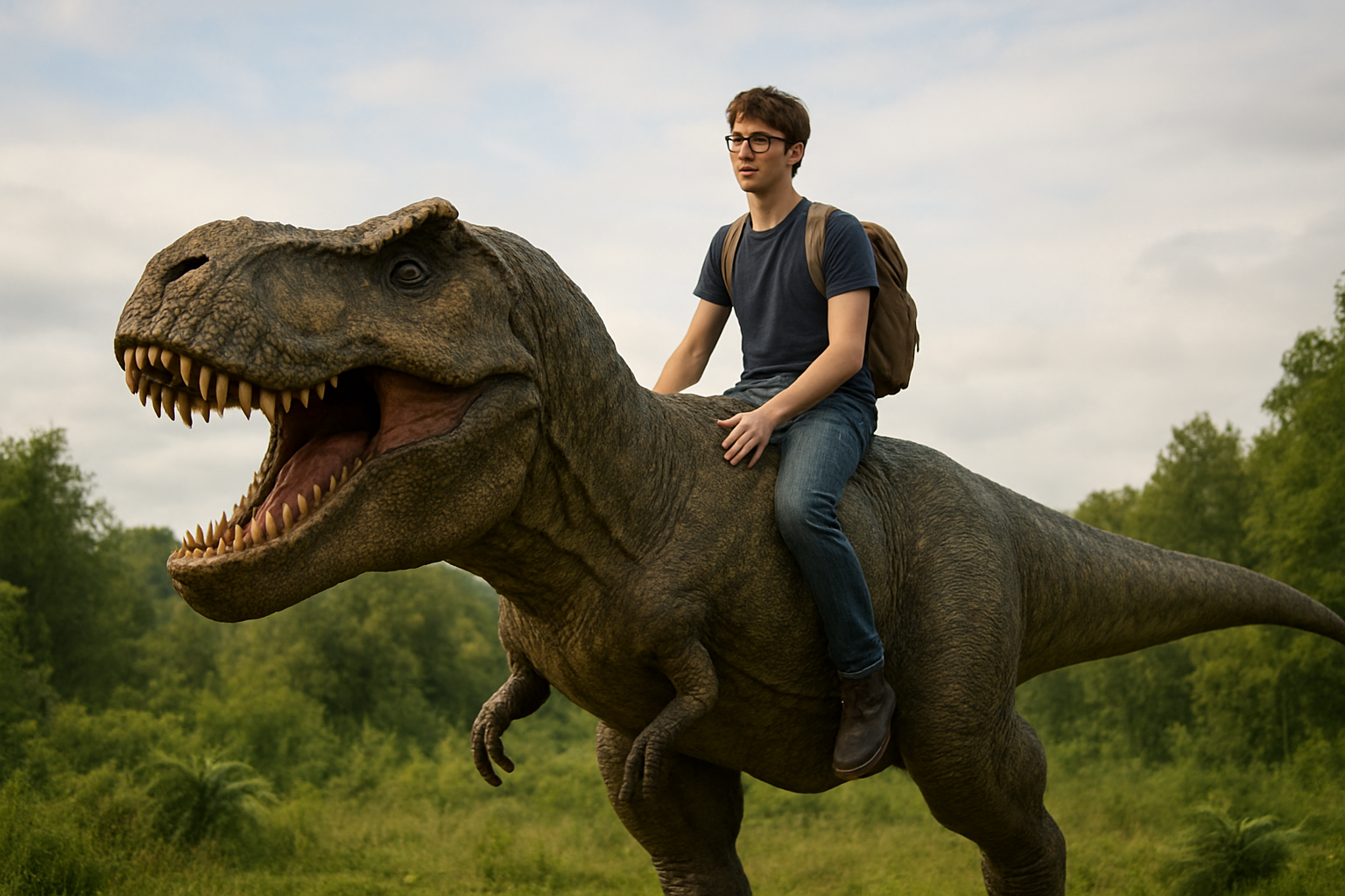 Étudiant qui se tient (cohabite) sur le dos d’un dinosaure.