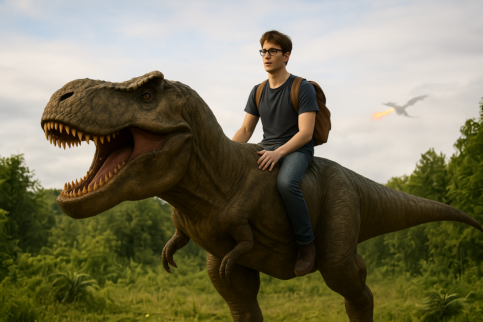 Étudiant qui se tient (cohabite) sur le dos d’un dinosaure.