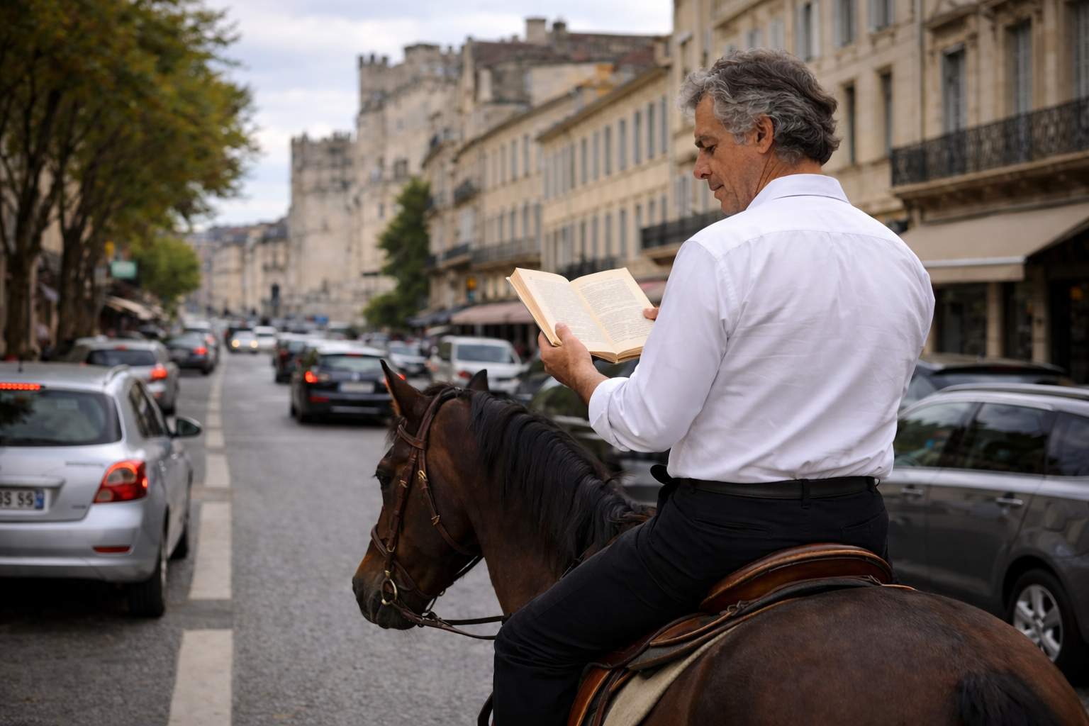 Senior concentré sur la lecture d'un livre dans la rue