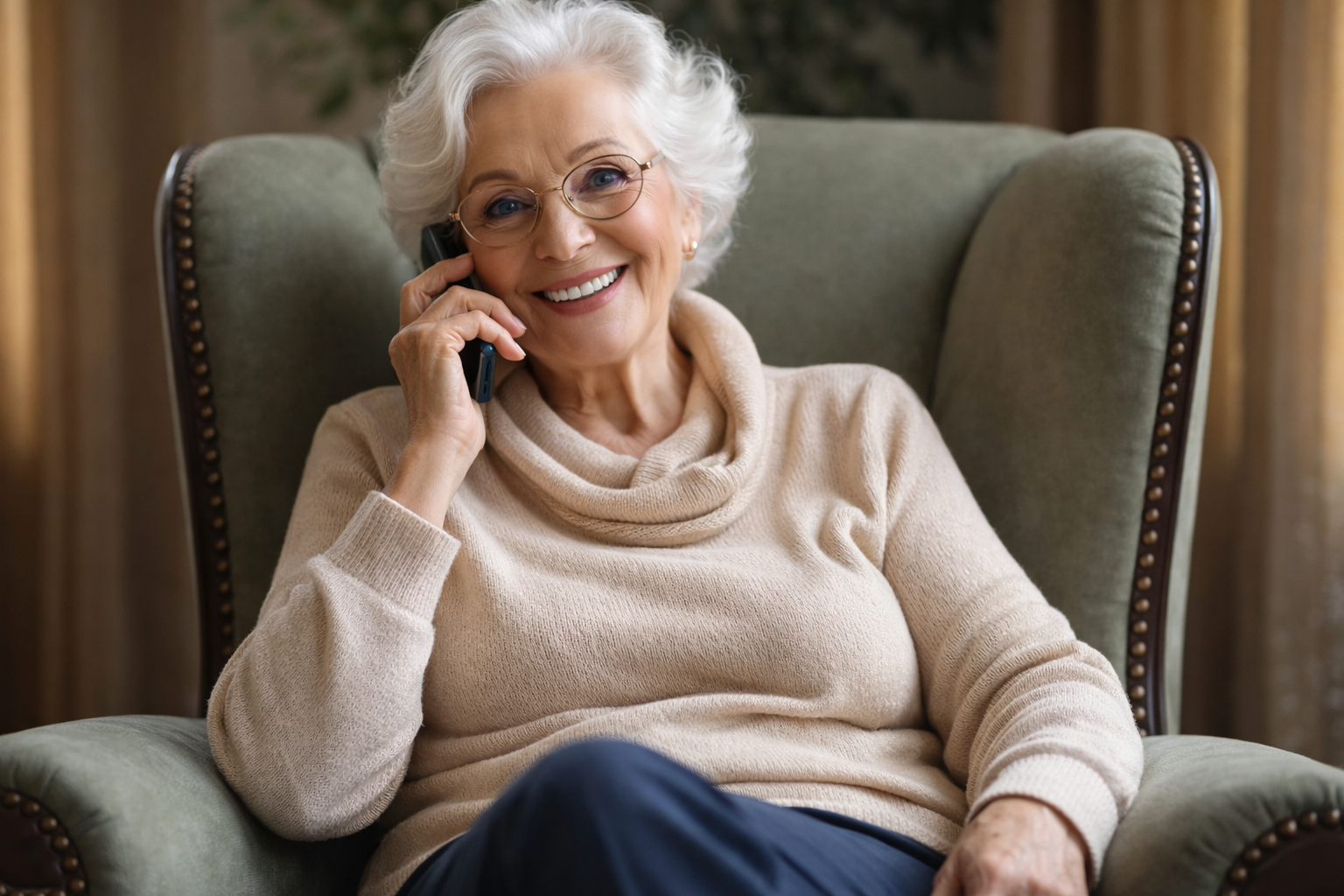 Femme âgée qui téléphone assise confortablement
