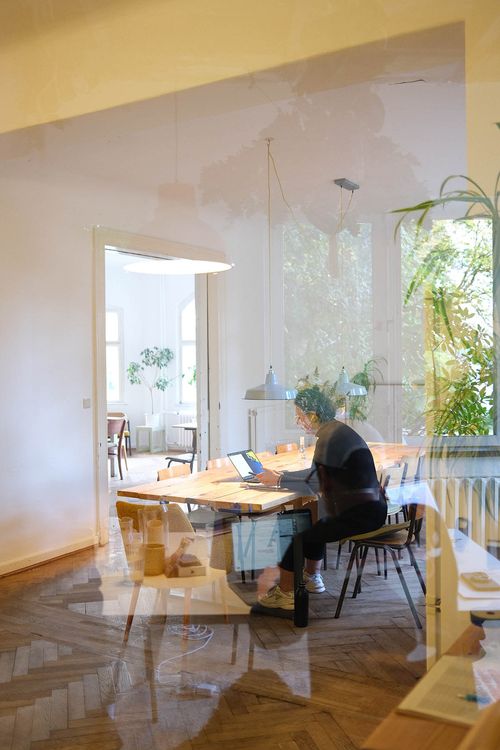 Eine Person sitzt an einem großen Holztisch in einem hellen Raum mit vielen Pflanzen und arbeitet an einem Laptop. Der Raum wird durch eine Glastür fotografiert, was eine Reflexion erzeugt.