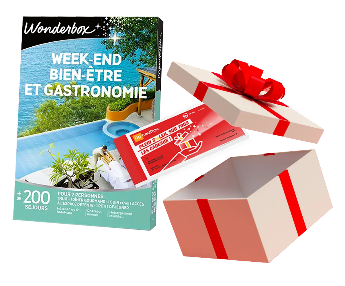 Coffret cadeau Wonderbox Week-end Bien-Être et Gastronomie avec une boîte cadeau ouverte et un bon cadeau rouge.