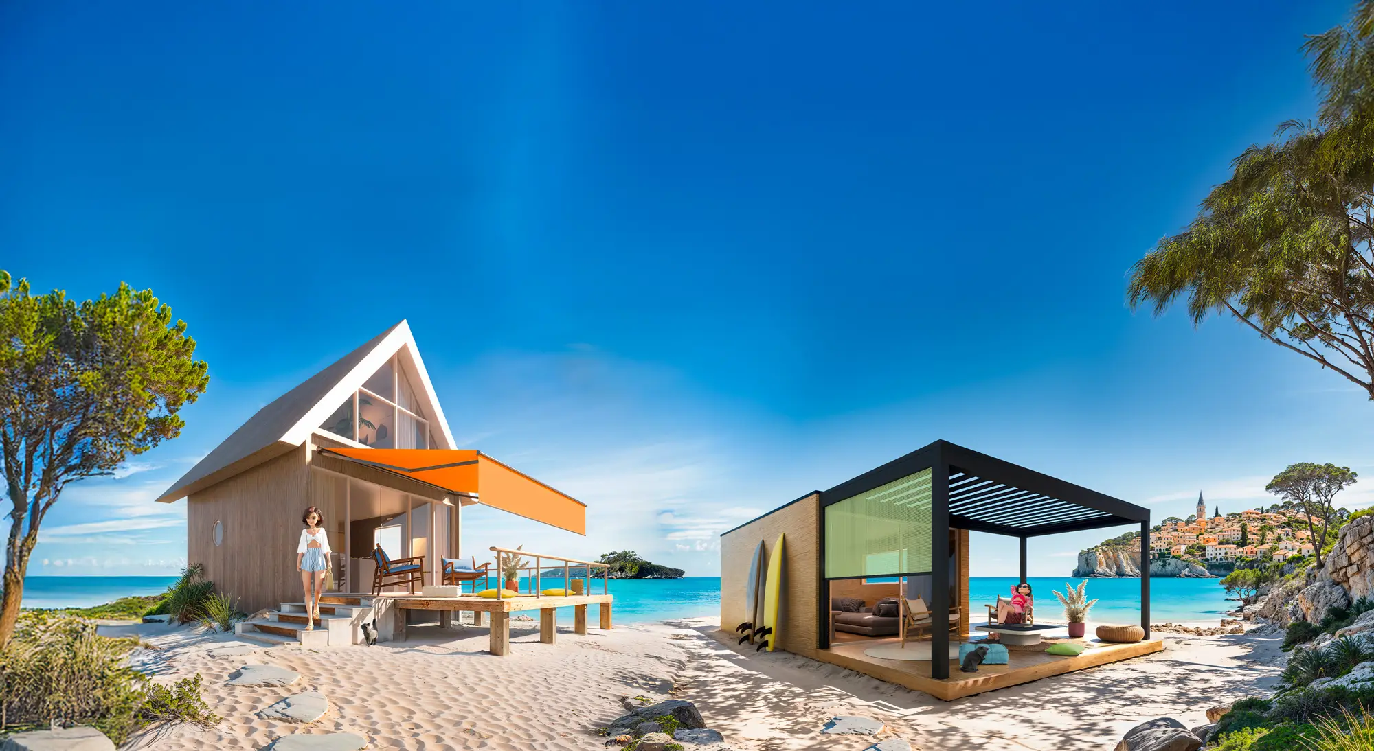 Two modern beachside houses on sandy shore with ocean, one with orange awning and woman walking down stairs, the other with glass walls and woman sitting on patio.