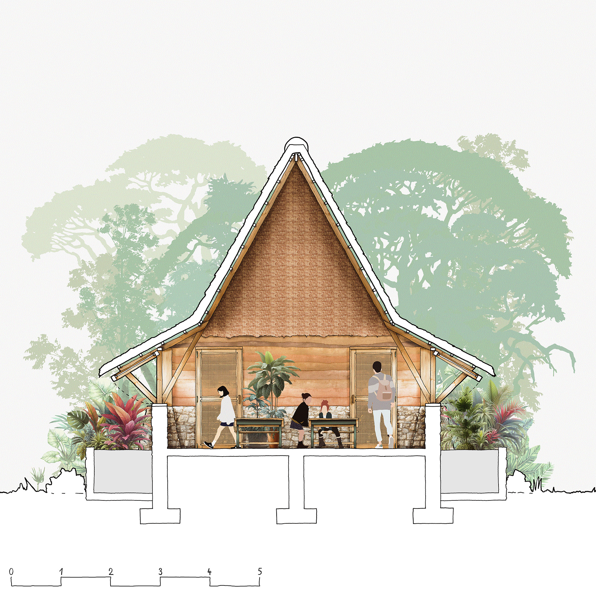 Short section drawing of the Education Building at the Chipembele Nature Field Centre, South Luangwa National Park, Zambia.