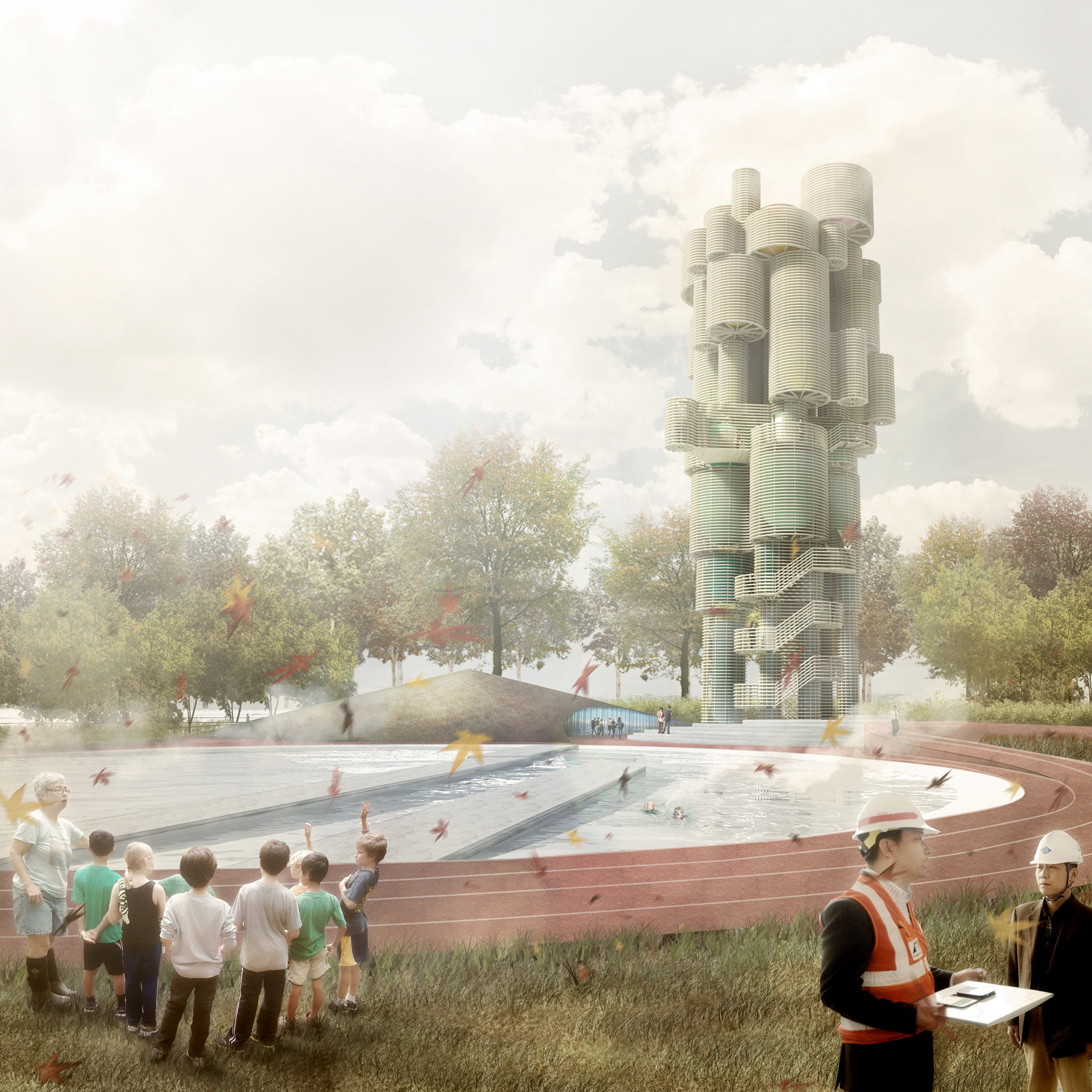 Exterior render of the Heat Hub, a district heating storage and distribution tower that also hosts public activities.