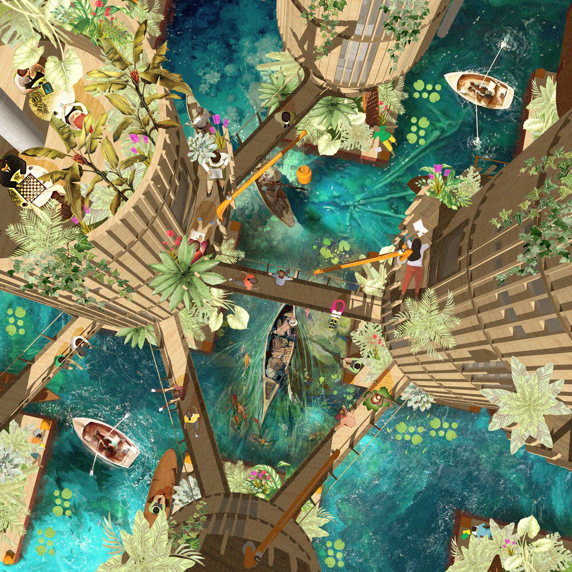 Top-down view of the cluster of off-grid towers on water proposed for Lagos, winner of the City of Water Competition.