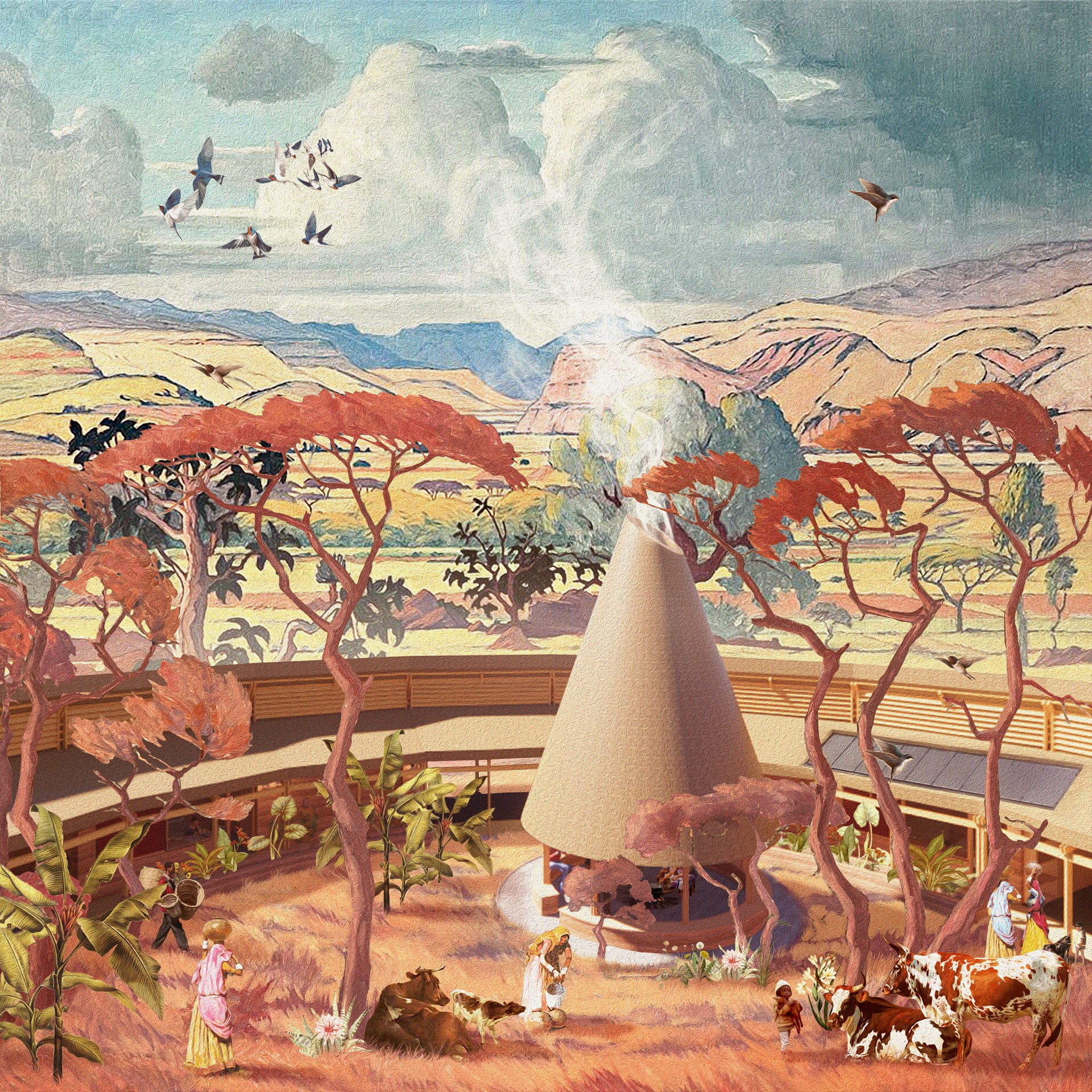 Stylised painting of the homestead designed for the Jorejick family in Tanzania, a sustainable circular earthen home.