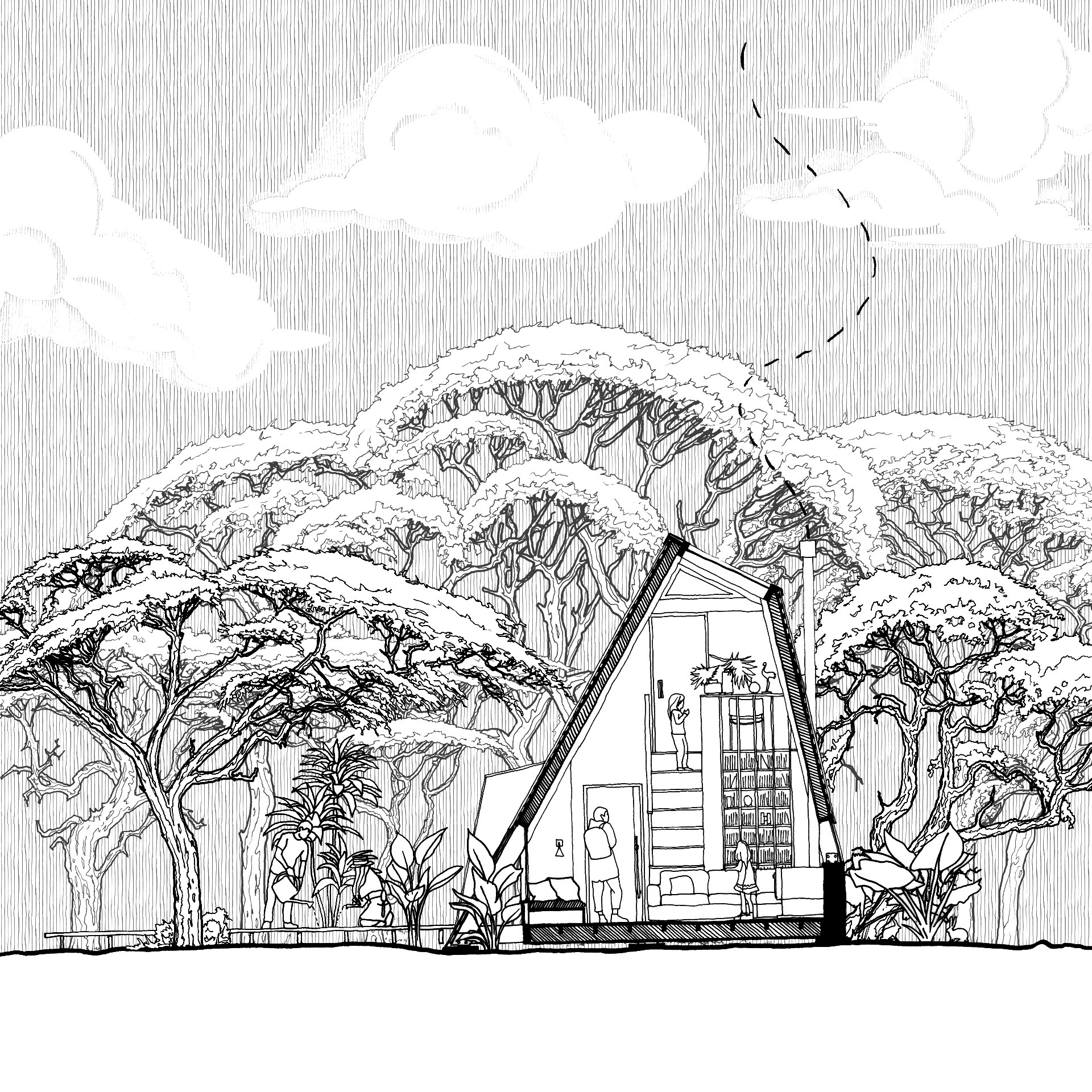 Hand-drawn short section of a timber cabin annexe in the wooded Trespoux area near Cahors, France.