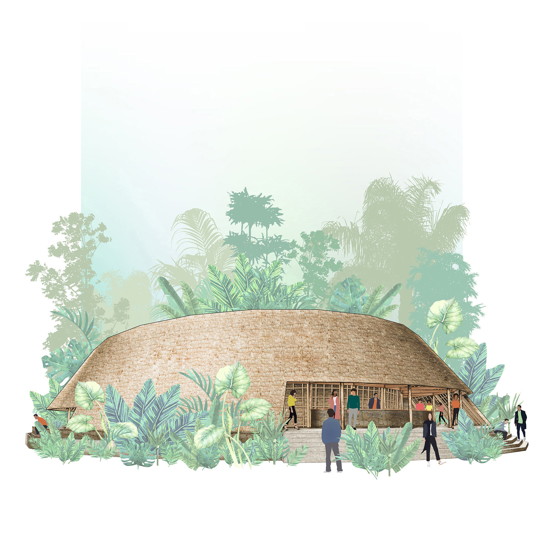 Stylised 3D view of the main lodge of the Rushungi eco-lodge in Tanzania, built from timber, thatch and local stone.