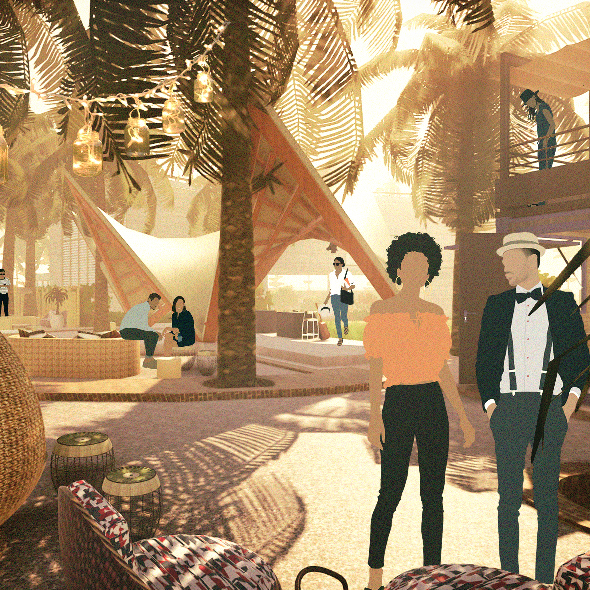 Stylised rendering of the beer garden and bandstand proposed for the Nubuke Foundation Gallery in Ghana.